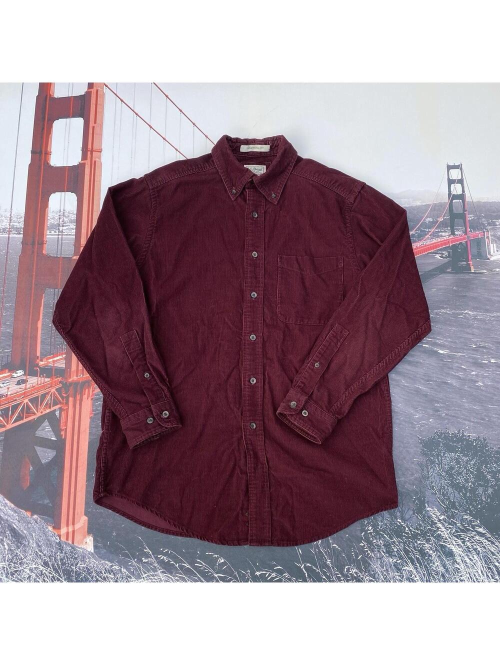 LL Bean Corduroy Mens Long Sleeve Shirt Small Regular Red Traditional Fit VTG 90